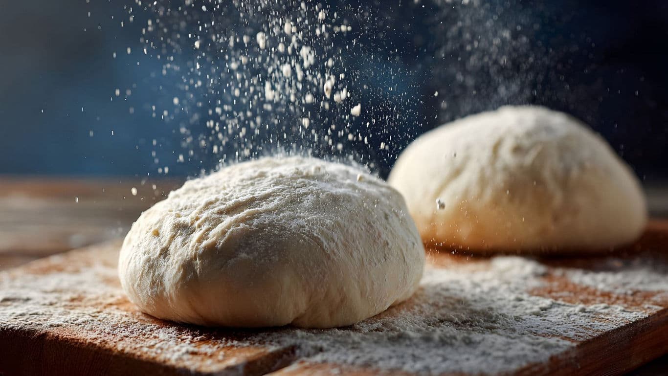 Fresh Dough Balls with Flour Sprinkling in Kitchen
