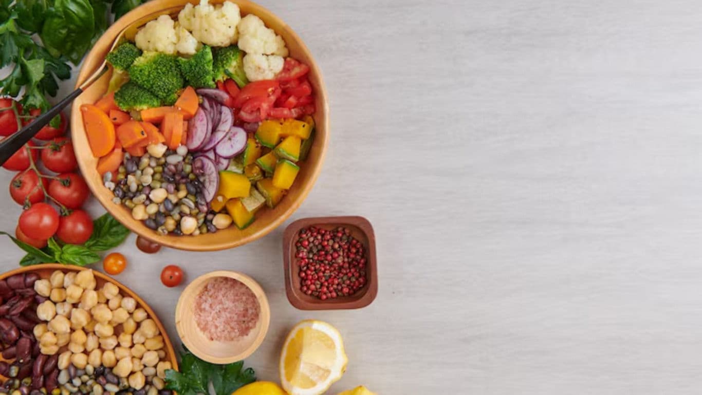 Colorful vegetable salad bowls with fresh ingredients