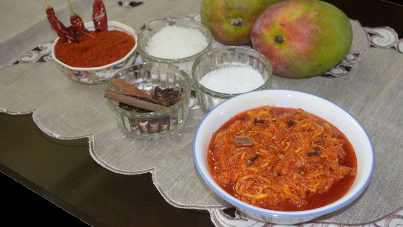 Homemade Mango Pickle with Spices and Ingredients