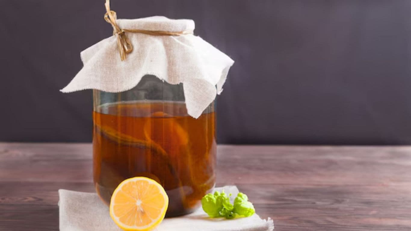 Homemade kombucha tea in glass jar with lemon
