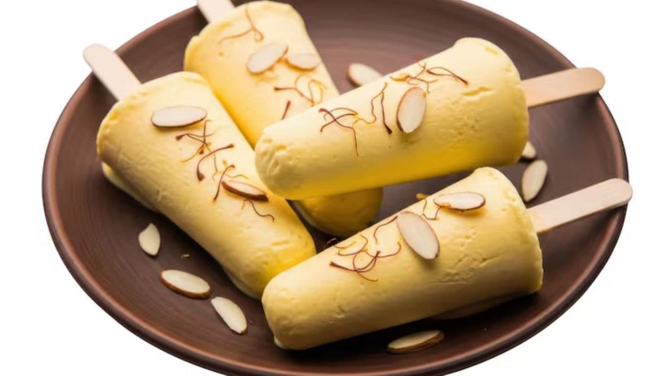 Traditional Indian kulfi popsicles with almond garnish