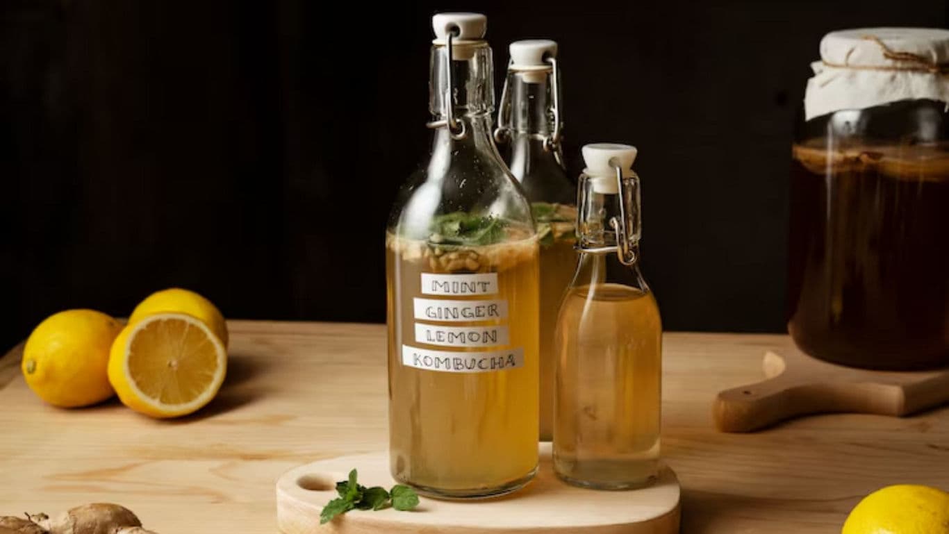 Homemade Mint Ginger Lemon Kombucha in Glass Bottles