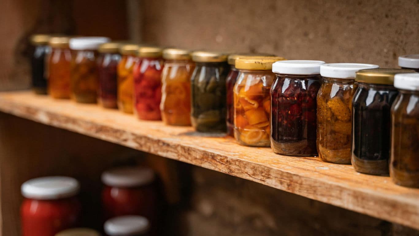Assorted homemade preserves in glass jars on shelf