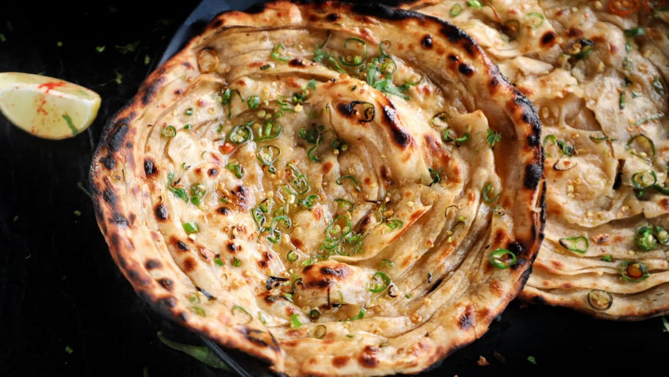 Closeup of flaky tandoori layered paratha