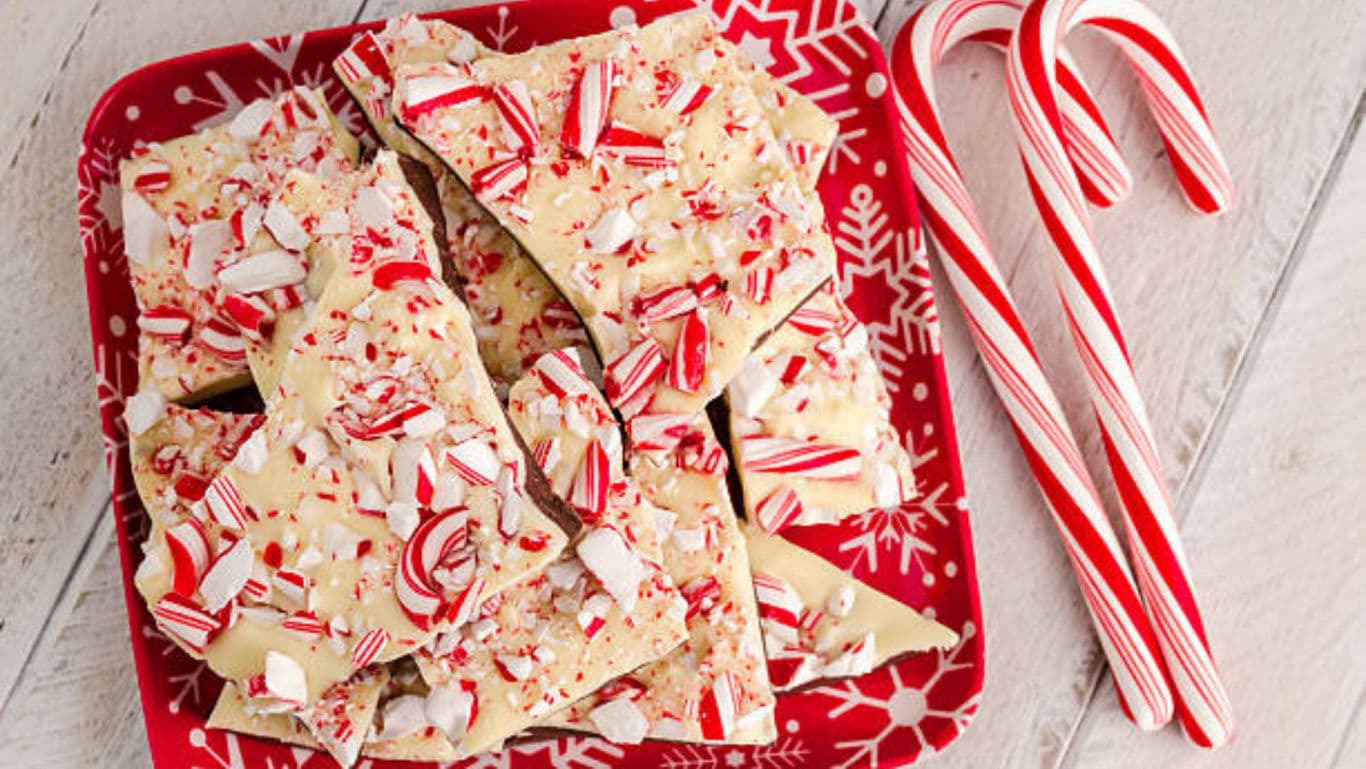 Peppermint Bark with Candy Canes on Festive Plate