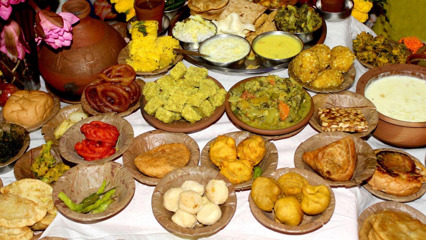 Traditional Indian feast with assorted dishes