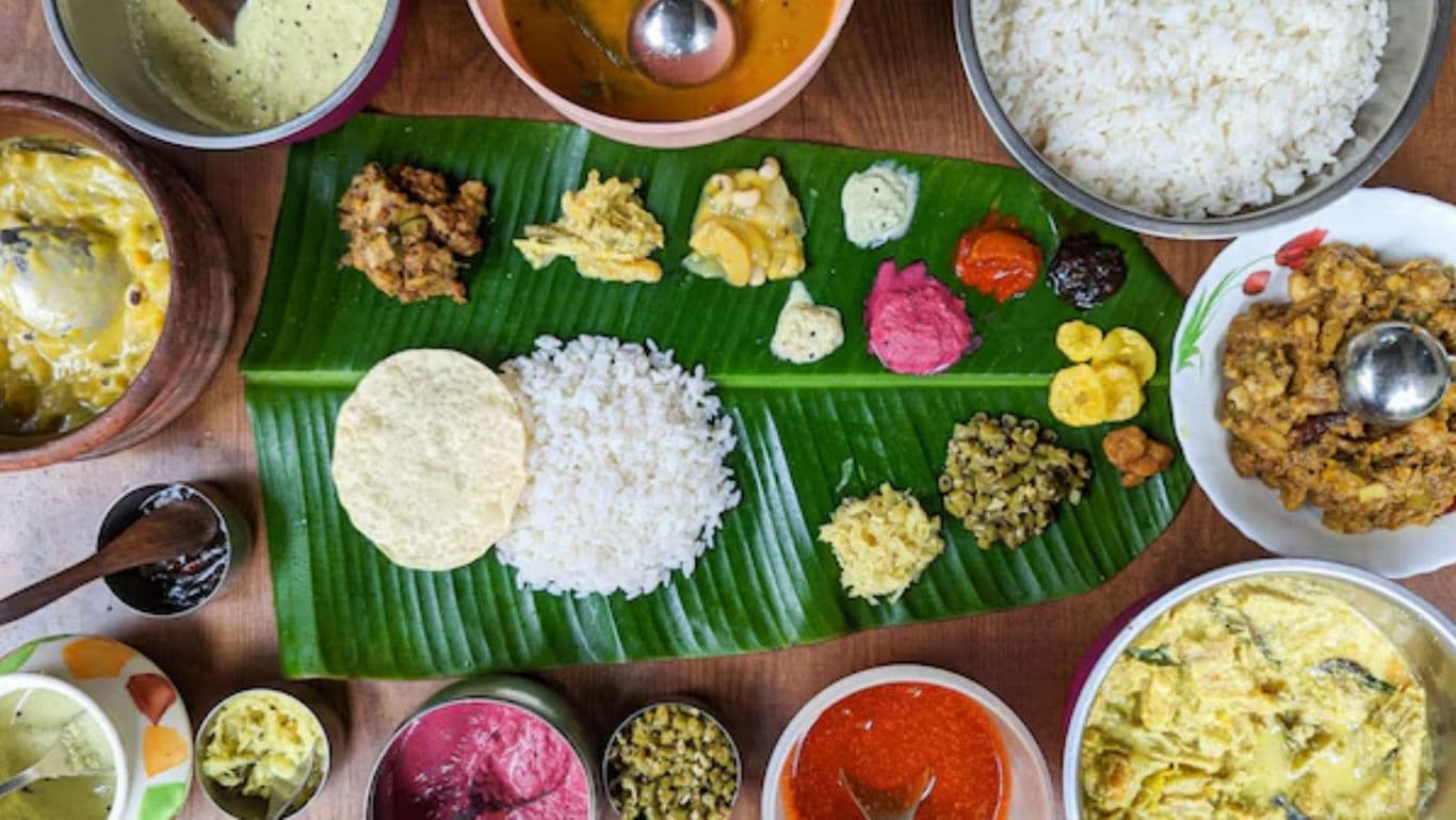 Traditional South Indian Vegetarian Meal on Banana Leaf