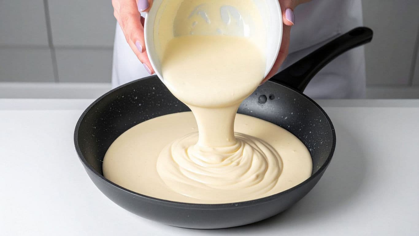 Pouring pancake batter into nonstick frying pan