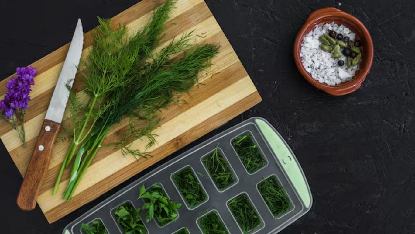 Fresh herbs on cutting board with ice tray prep