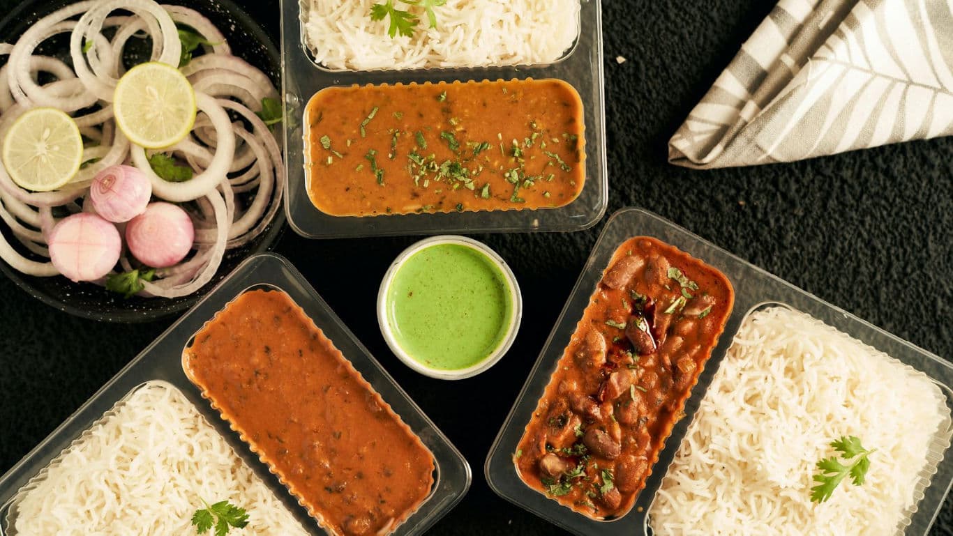 Indian Takeout Meal with Rice and Curries