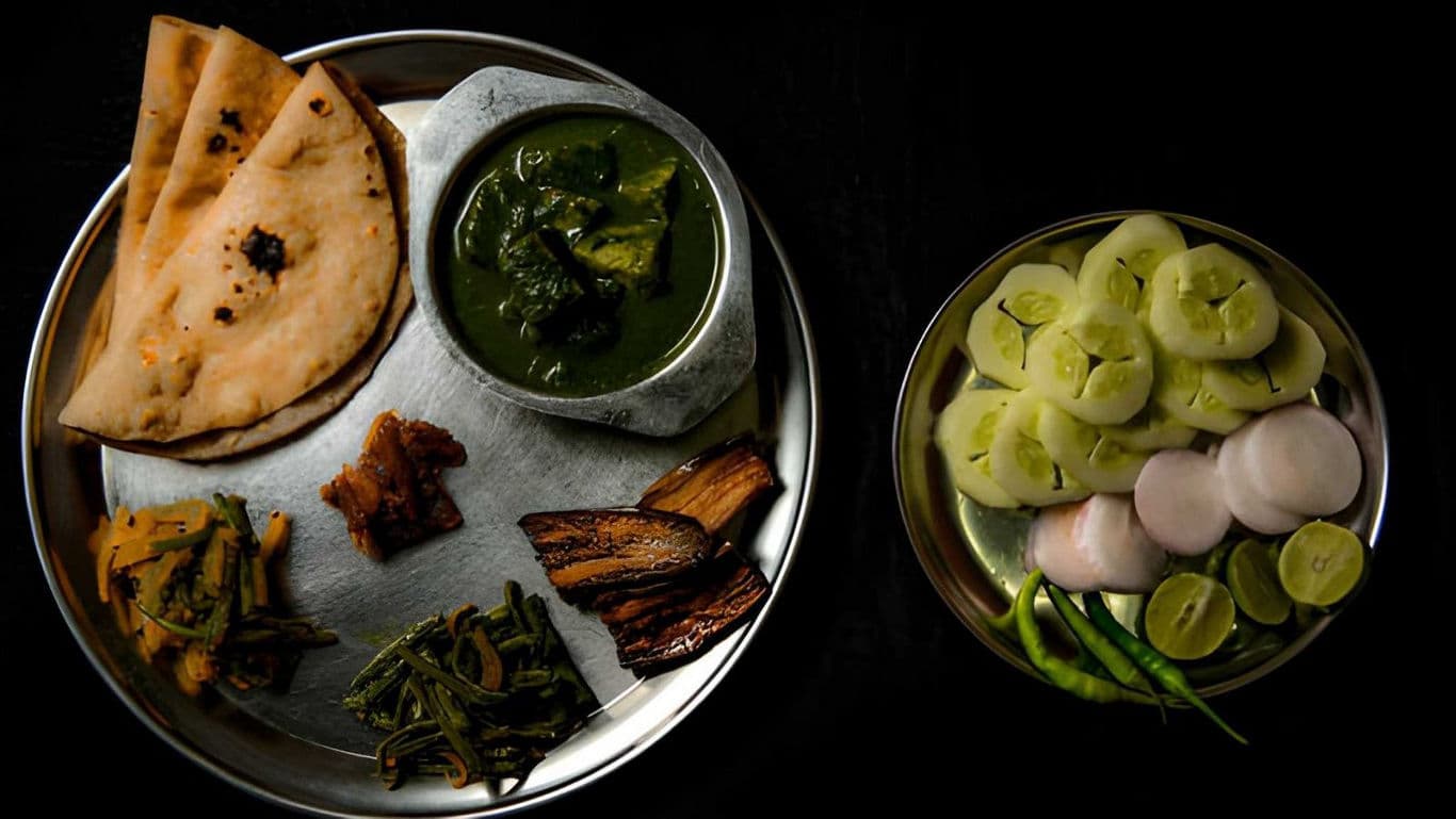 Traditional Indian meal with flatbread and vegetables