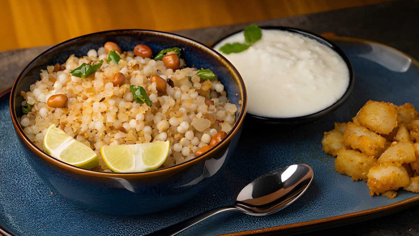 Traditional Indian Sabudana Khichdi with Yogurt and Potatoes