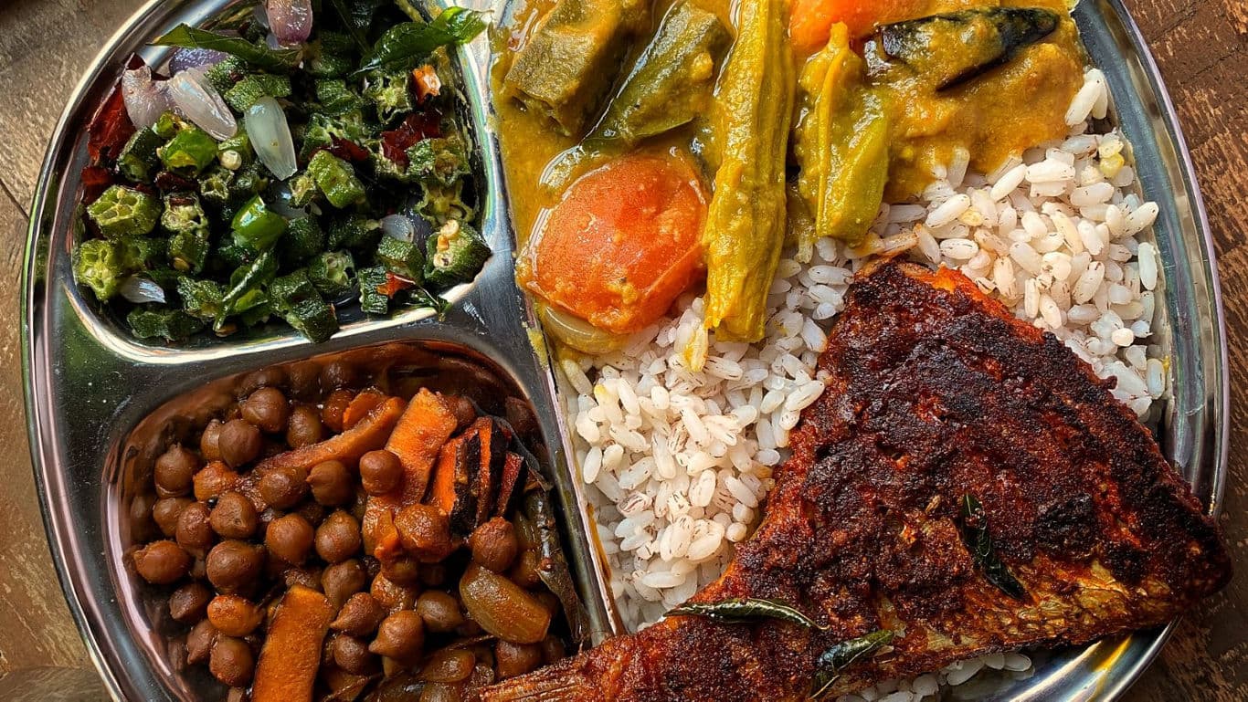 Traditional Indian meal with fish curry