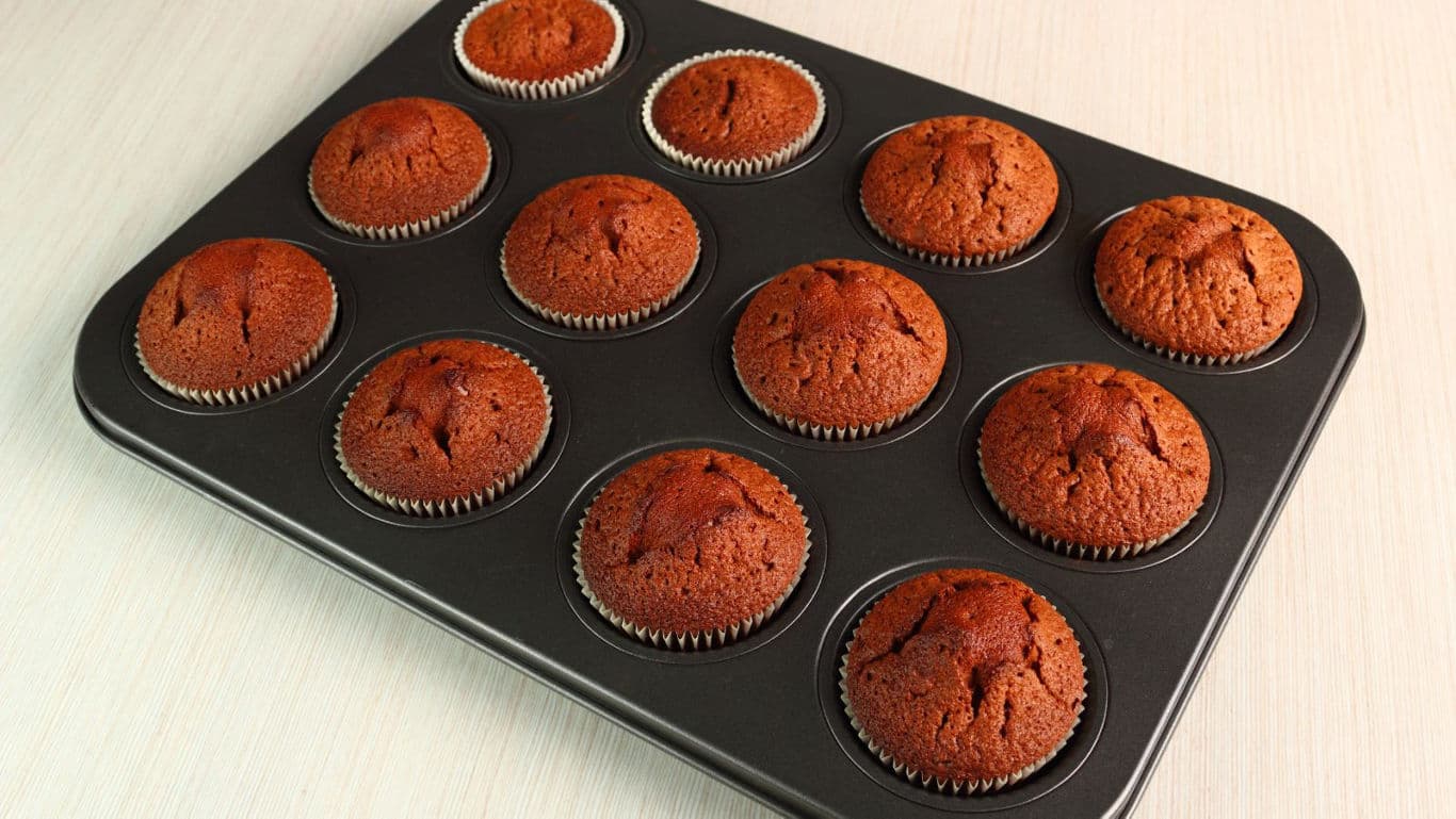 Freshly baked chocolate cupcakes in muffin tray