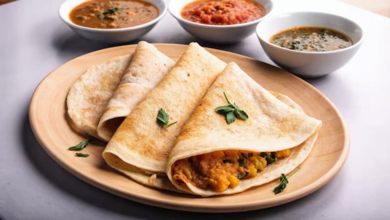 South Indian masala dosa with assorted chutneys