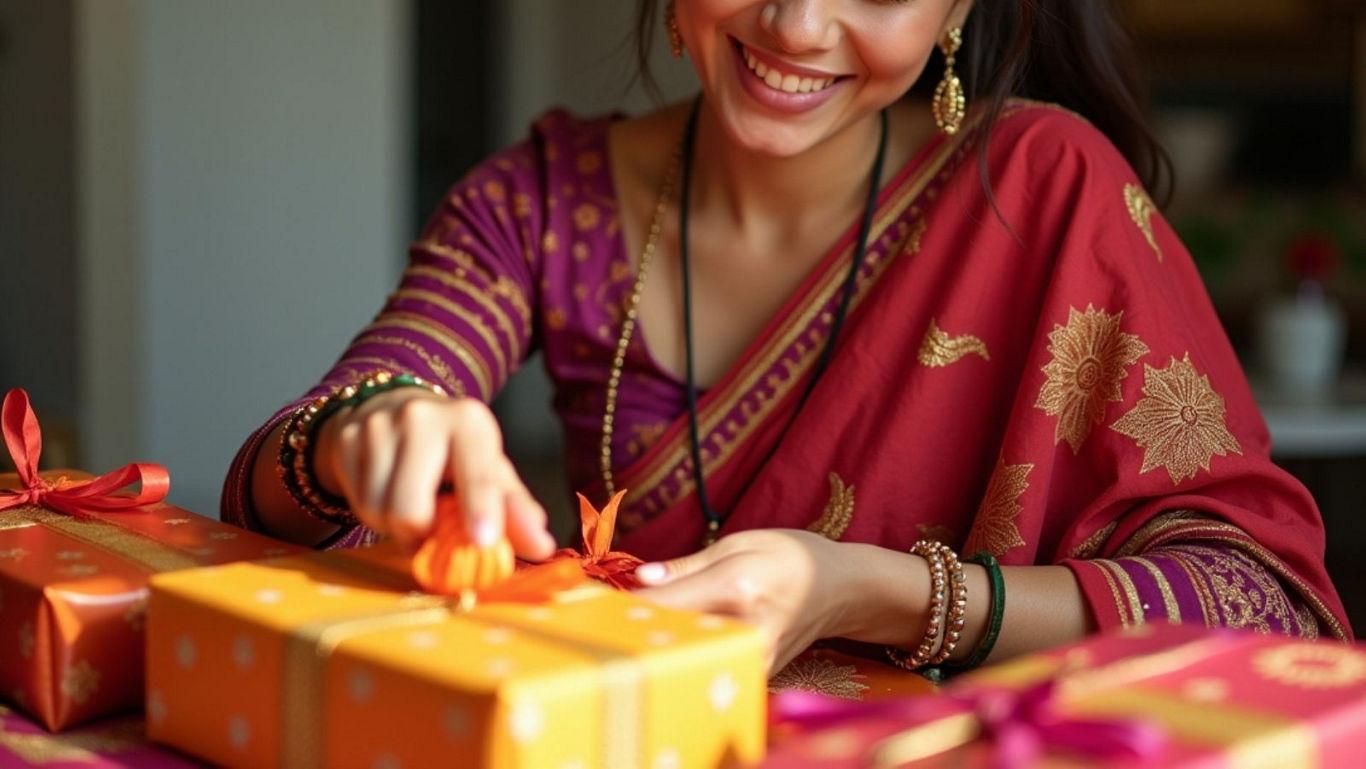 Smiling woman wrapping festive gifts
