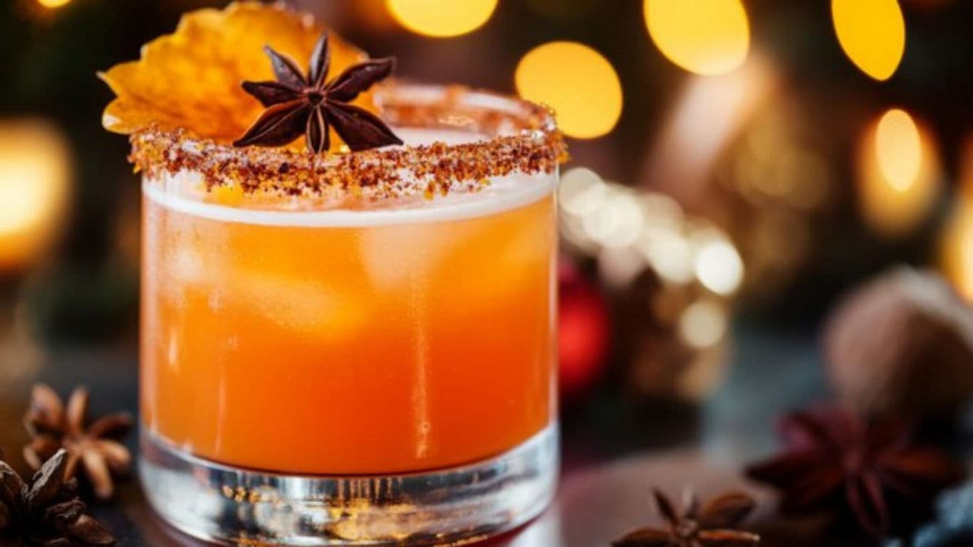Festive orange cocktail with spiced garnish and rim