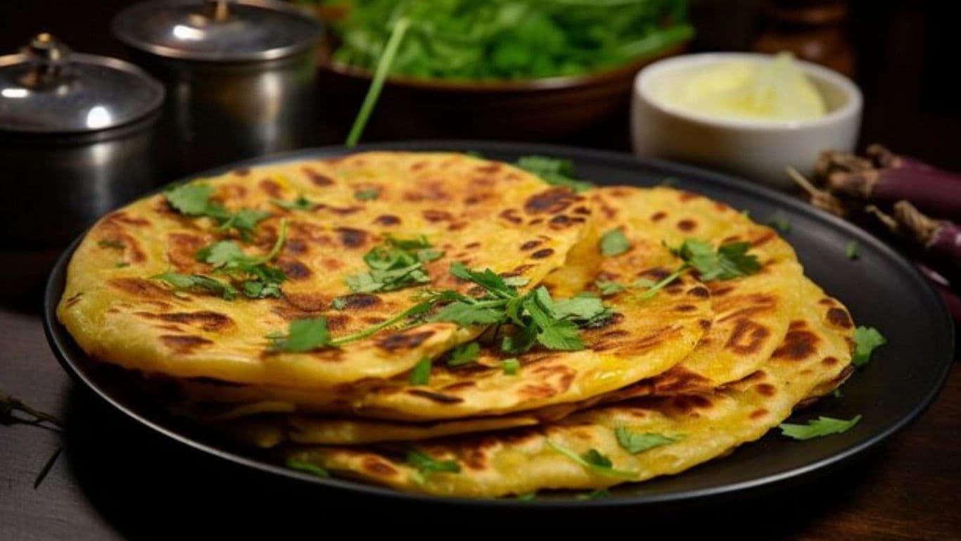 Stack of golden parathas garnished with fresh cilantro