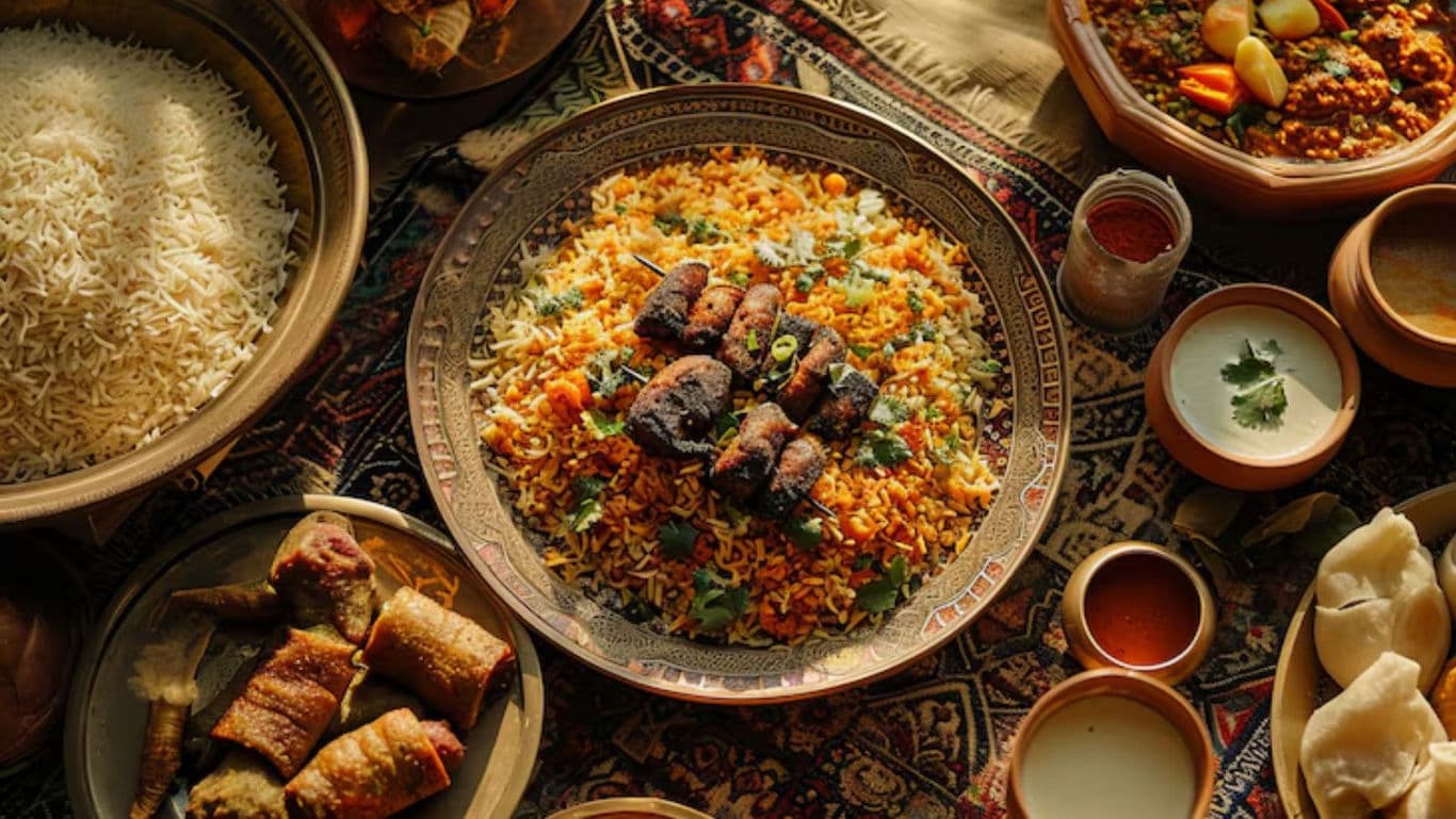 Traditional South Asian Feast with Rice and Kebabs