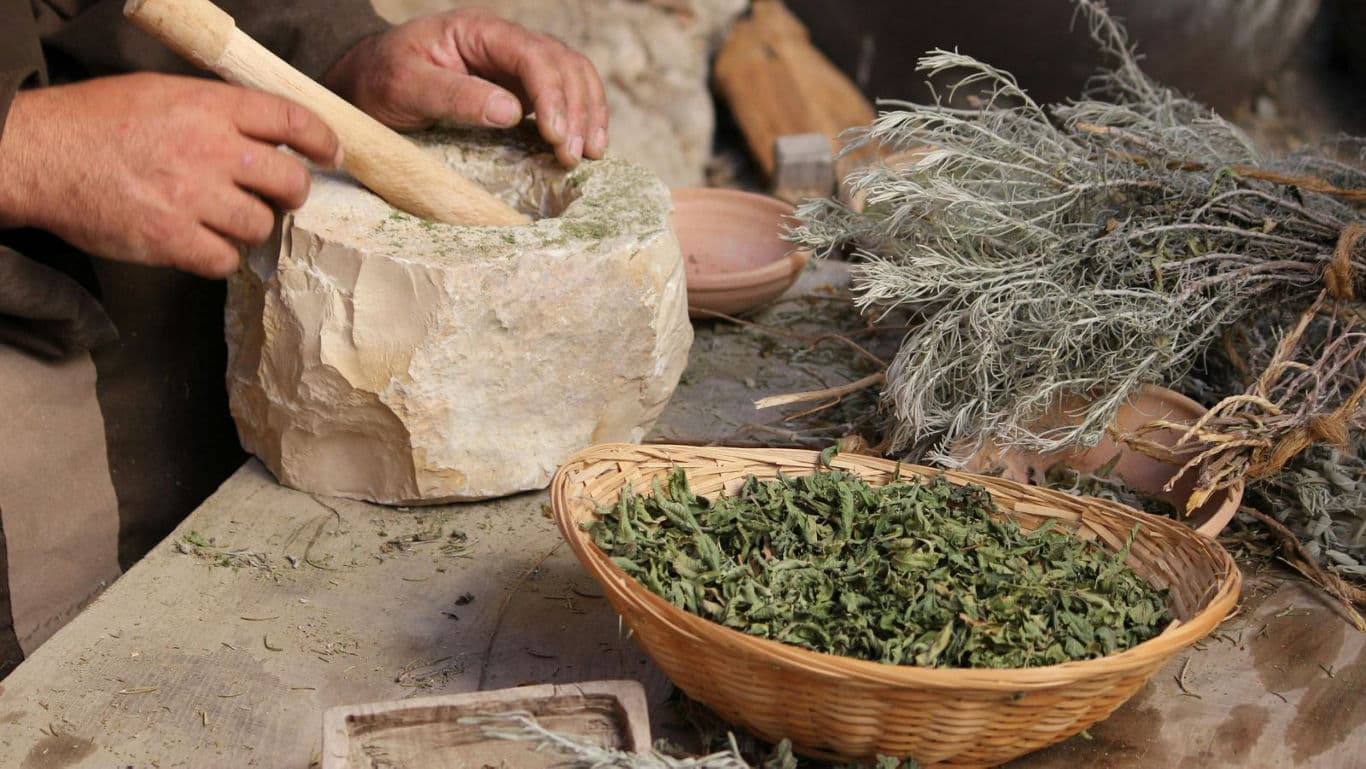 Herbs Ground by Hand in Stone Mortar