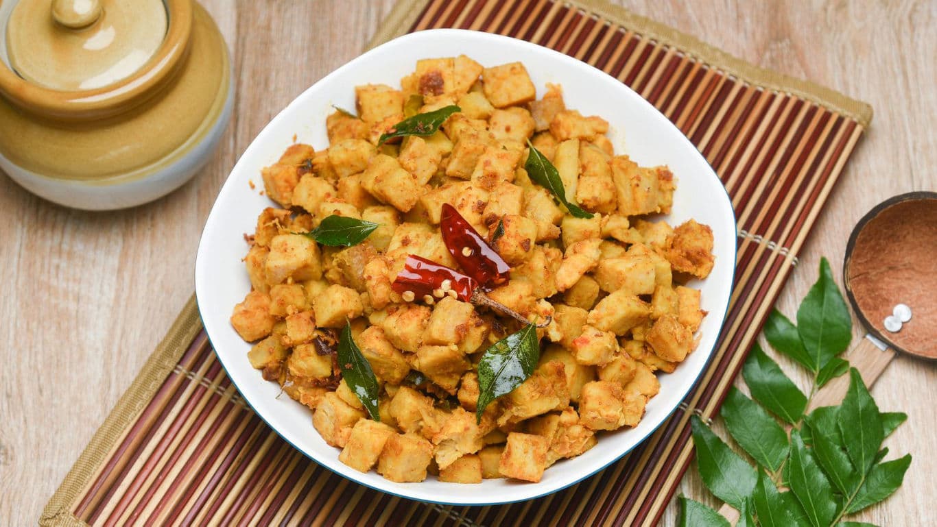 Spicy South Indian Yam Stir Fry in White Bowl
