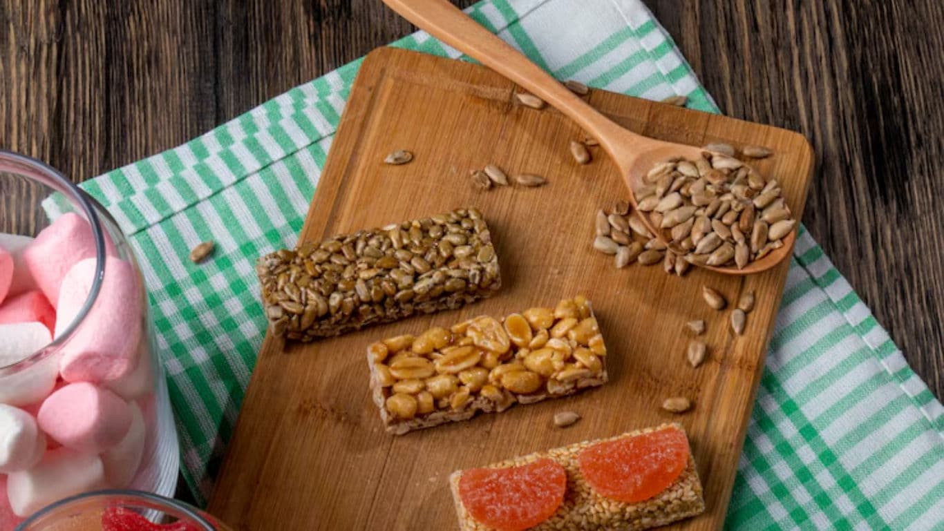 Assorted snack bars with seeds and toppings