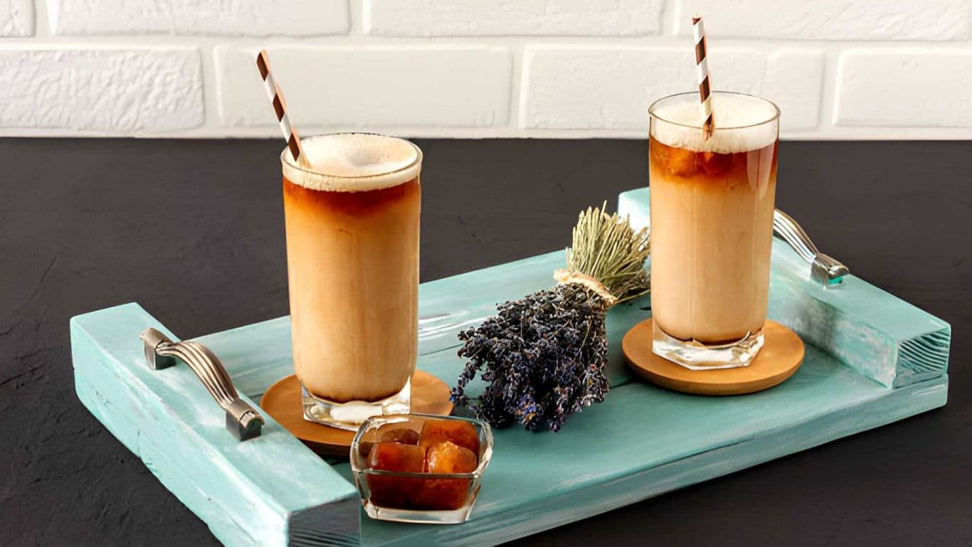 Iced Coffee Drinks on Blue Wooden Tray