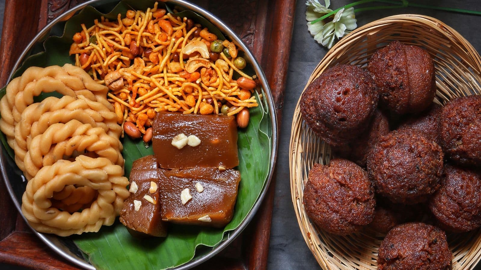 Traditional Indian snacks on banana leaf