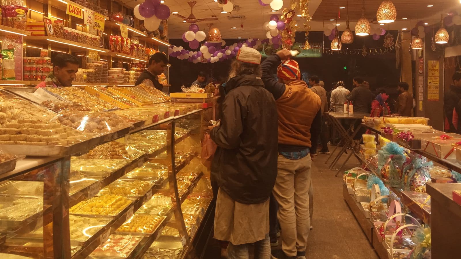 Busy sweet shop with festive decorations
