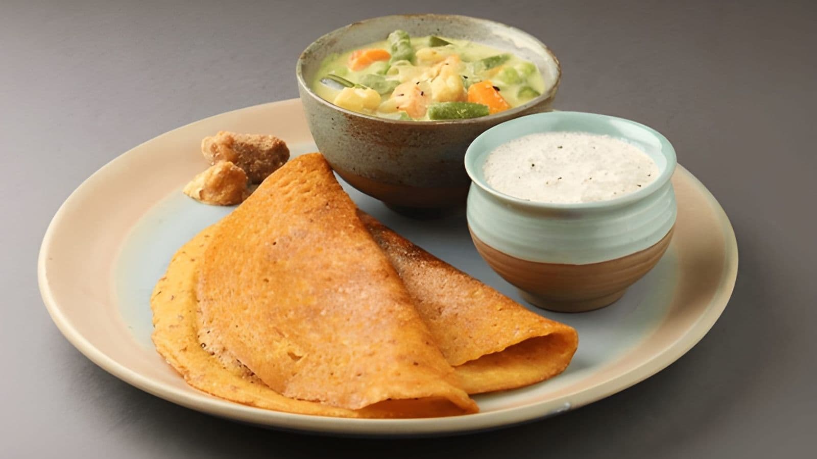South Indian meal with dosa and chutneys