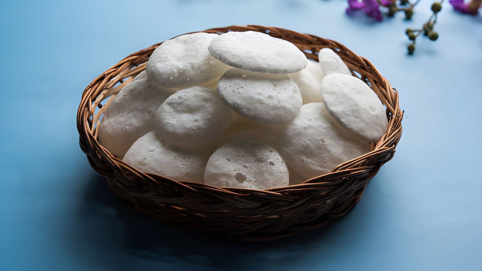 Basket of white puffed rice cakes