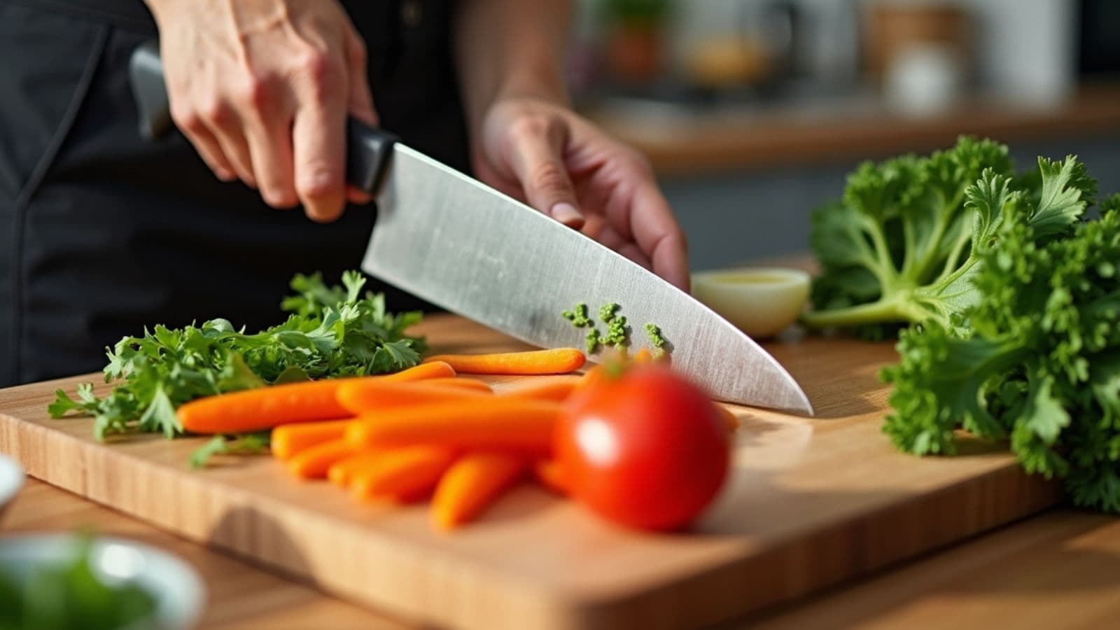 Chef slicing vegetables on wooden cutting board