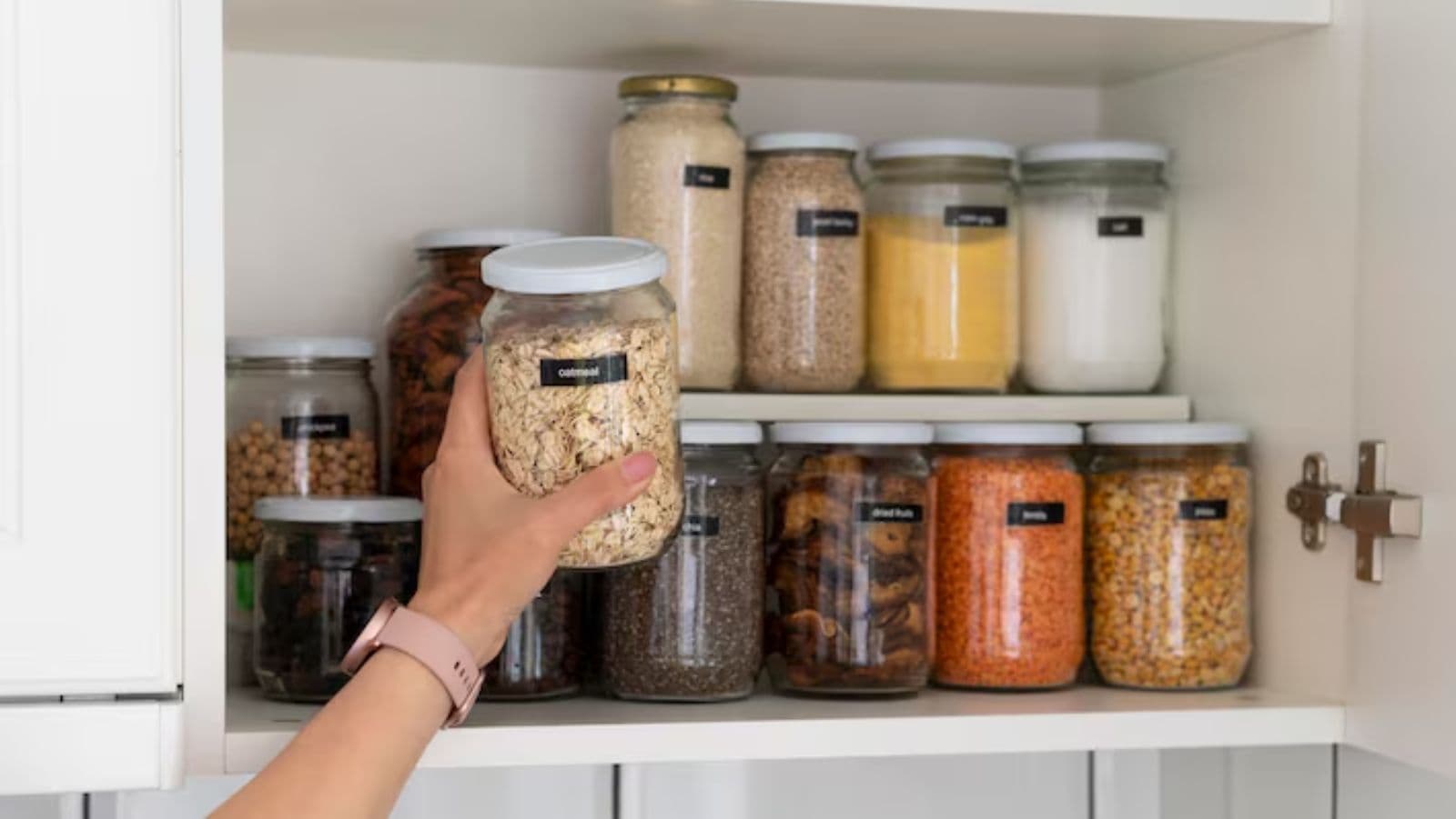 Organized pantry with labeled jars